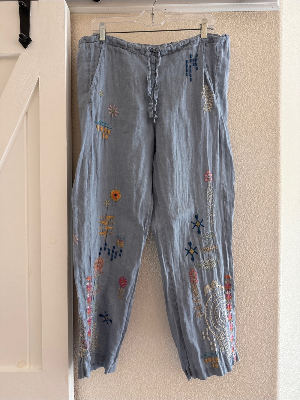 Johnny Was Light Blue Wide-Leg Embroidered Linen Pants